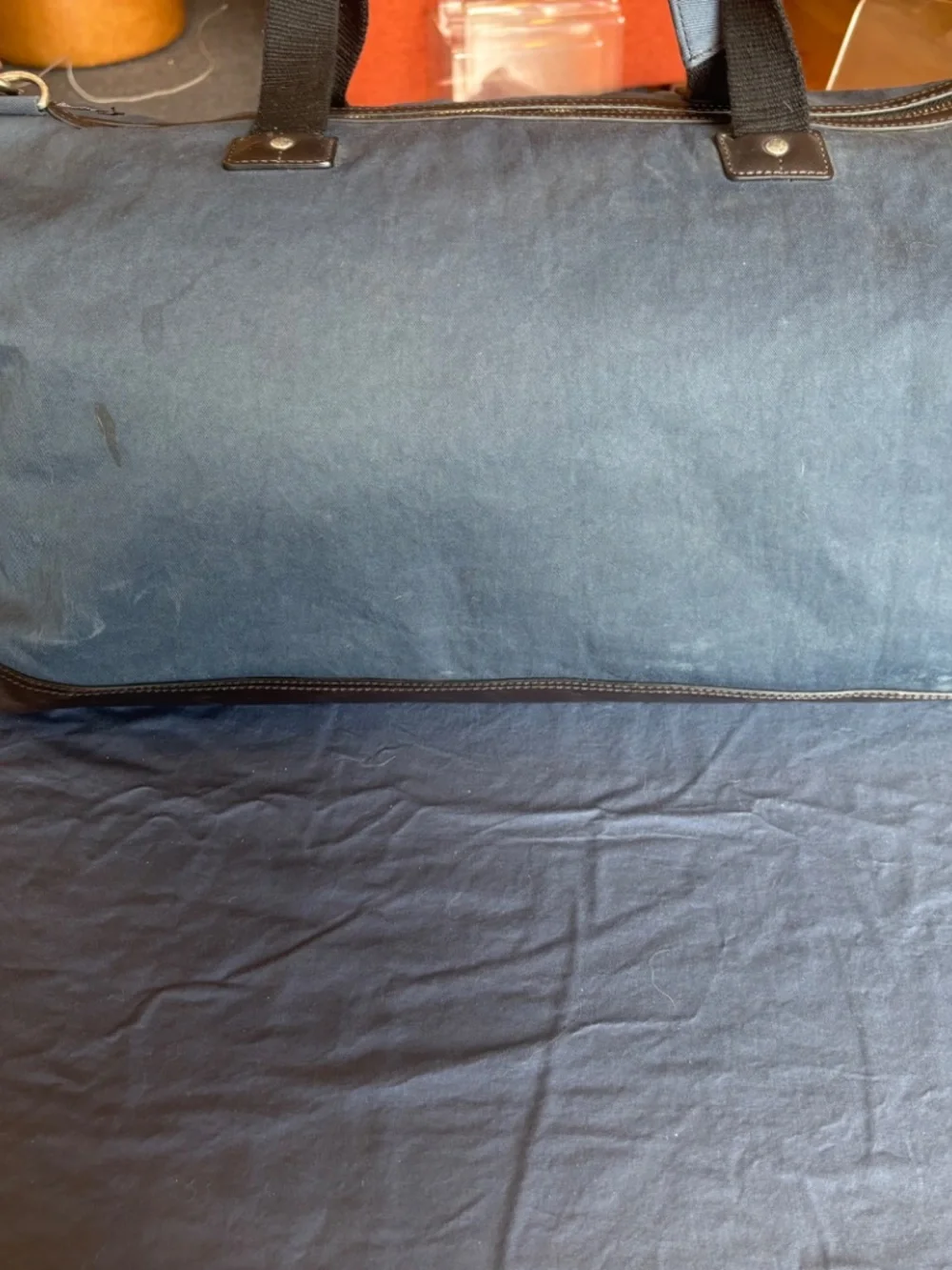 J Crew Warren Street Weekender Duffle Bag. Navy Canvas with Brown leather base